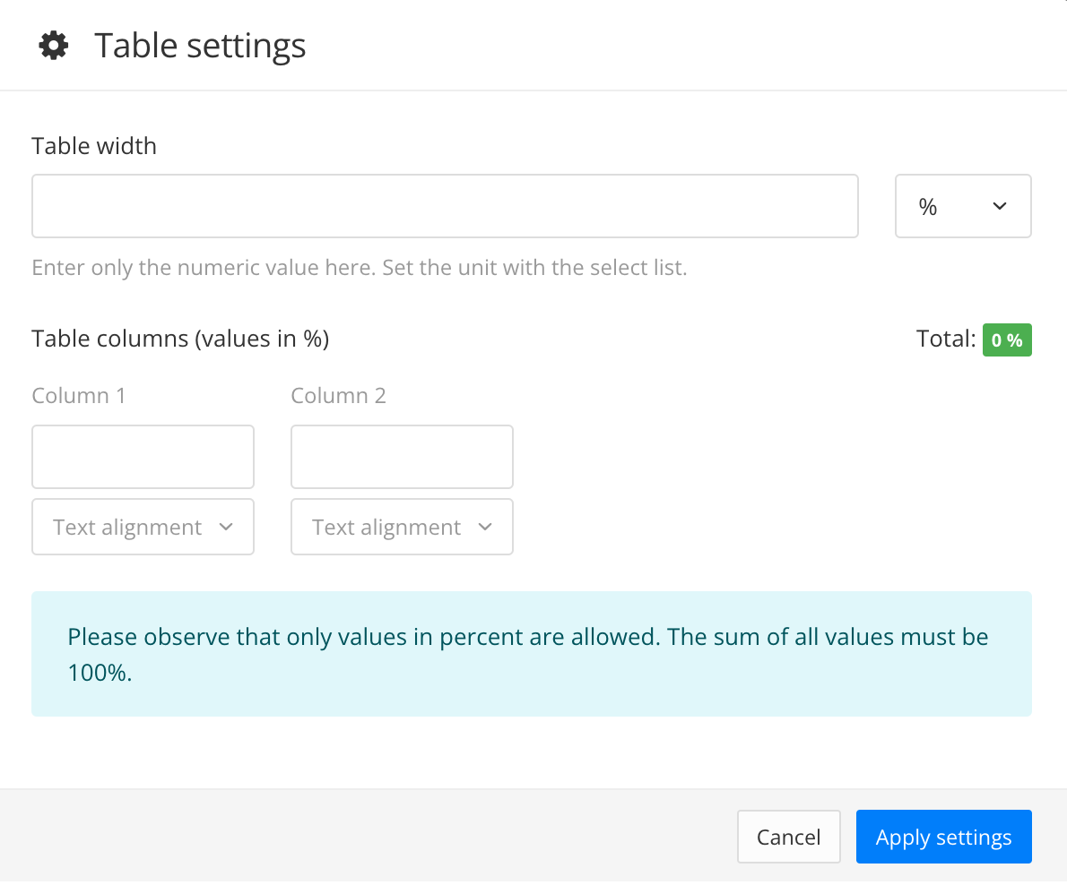 Table settings dialog. It has table width and table columns settings.