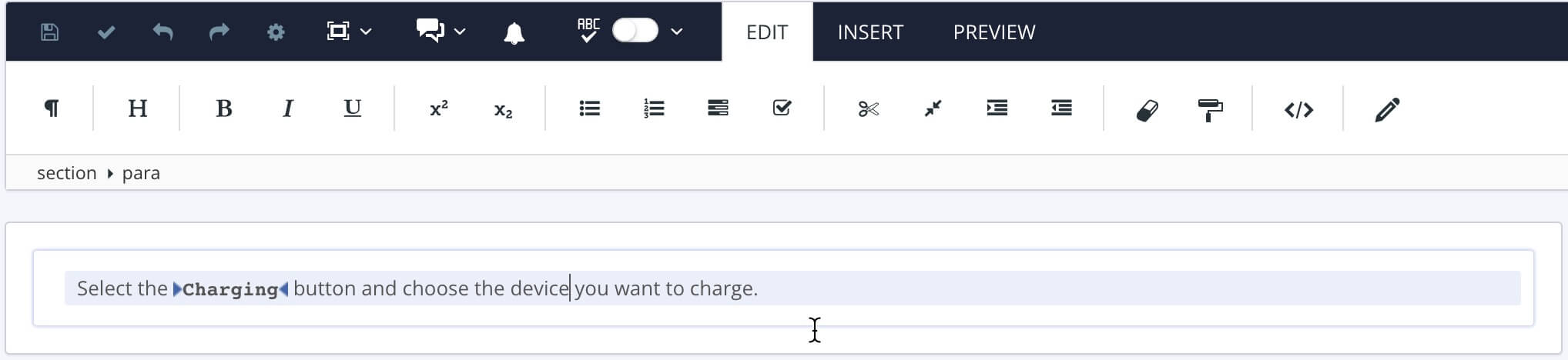 Paligo editor. A paragraph is shown. Its inline emphasis element has been removed. The content that was inside the emphasis element remains in place.
