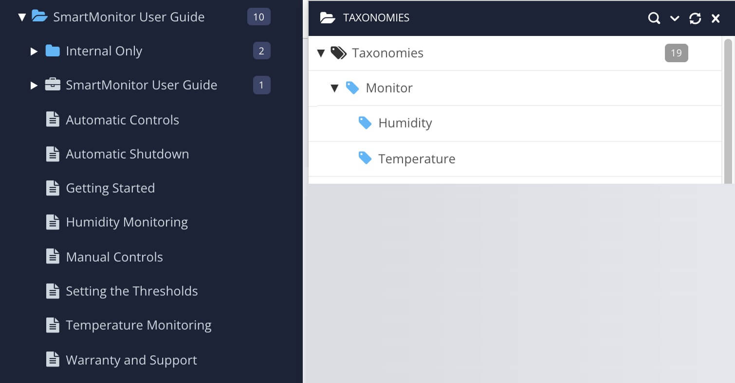 Content Manager is on the left, showing a list of topics in a publication. The Taxonomies floating panel is shown on the right and contains the taxonomy hierarchy.