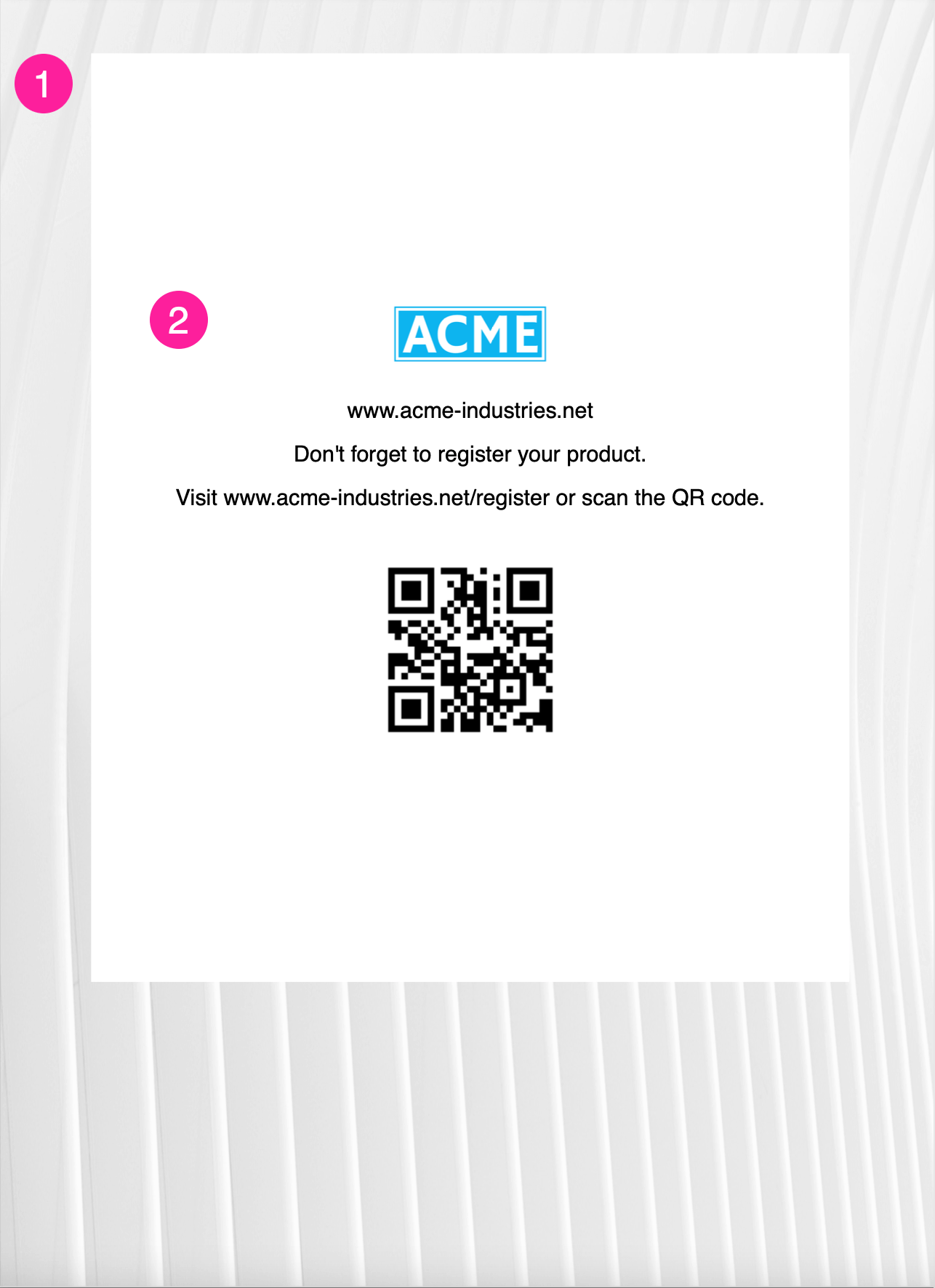Example of the inside of a back cover. The background is an image with an abstract pattern and it is labelled 1. There is a white content box containing a logo, text, and a QR code and this is labelled 2.