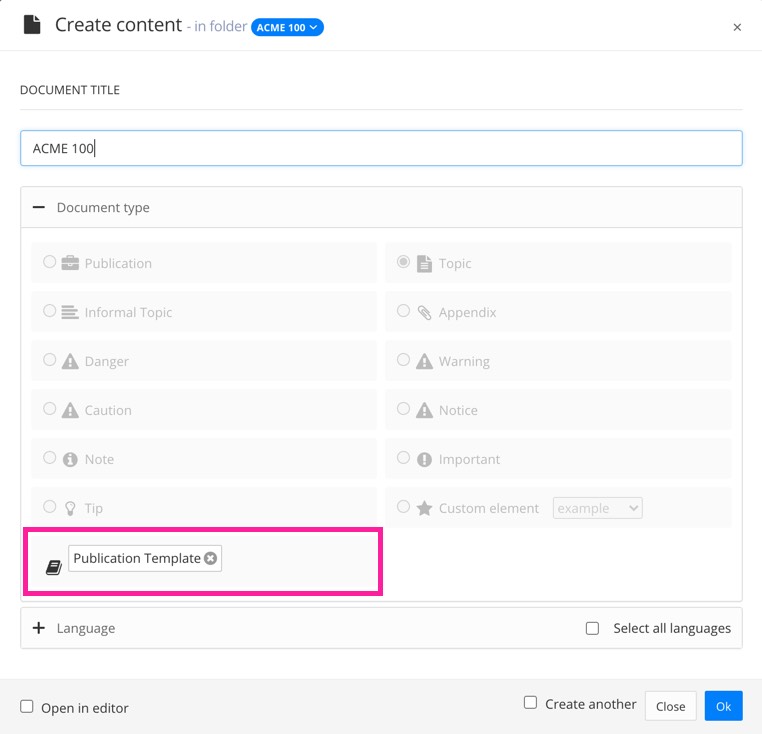 Create content dialog, From Template option is selected and set to a publication template.