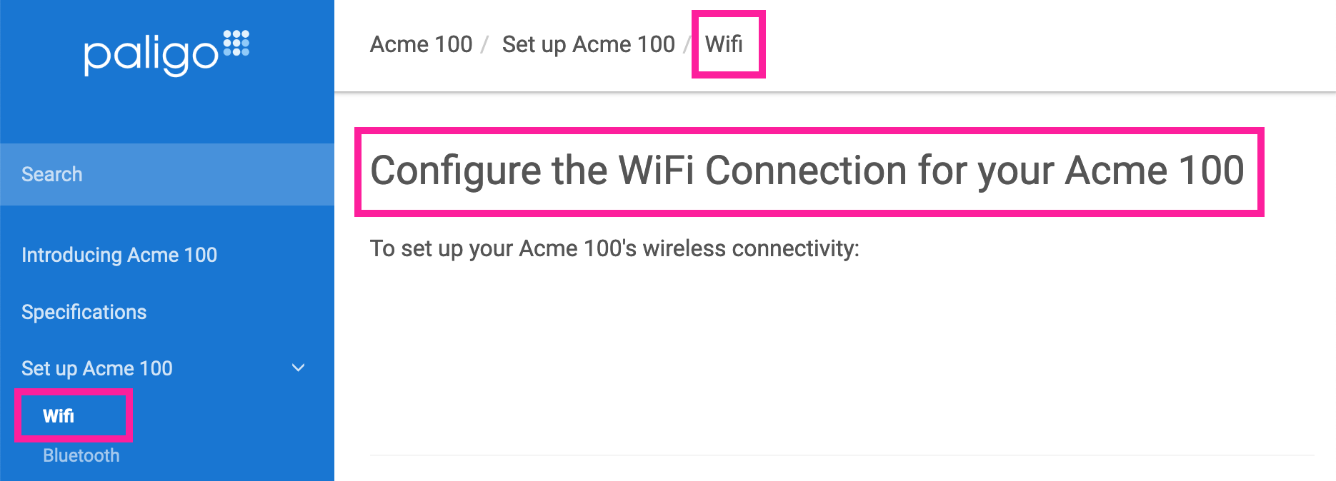 Published HTML5 page showing the table of contents has "WiFi" as the title. But in the main topic, the title is the longer title of "Configure the WiFi Connections for your ACME 100".