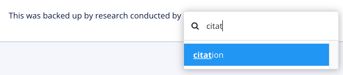 A screenshot of a paragraph in the Paligo editor. Part way through the paragraph the Element Content Menu is shown. The user has searched for "cita" and as a result, the menu has found the citation element.