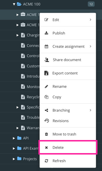 Content Manager showing a publication's options menu. The delete option is highlighted.