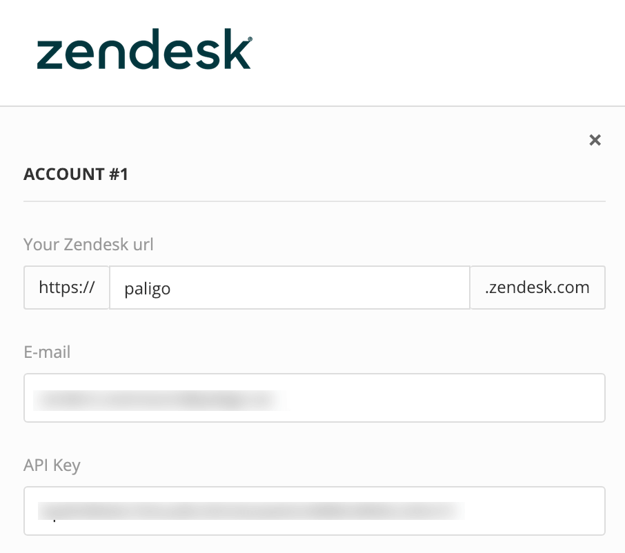 Paligo Zendesk integration settings. There is a section with an Account #1 heading. Inside it, there is a Your Zendesk url field, an E-mail field, and an API Key field.