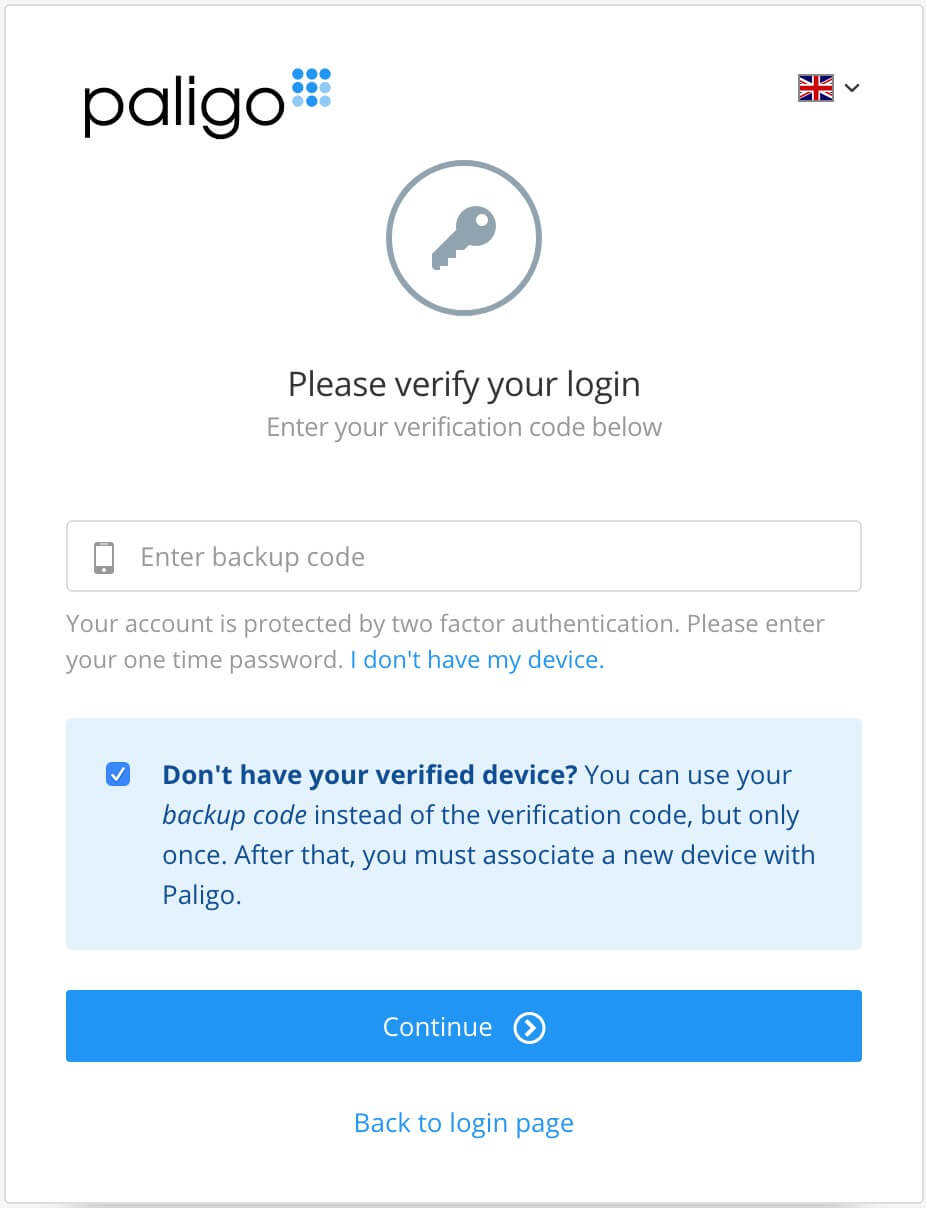 Please verify your login page. Shows "Don't have your verified device?" information. Select the checkbox to be able to use backup code instead of verification code.