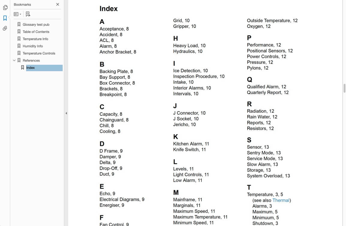 A PDF output showing an index with many index entries. They are ordered into 3 equal sized columns.