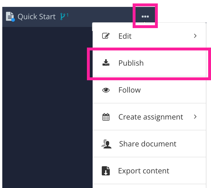 A branch topic has its options menu highlighted. In the menu, the Publish option is highlighted.