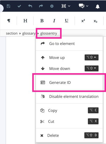 Glossentry element selected in the element structure menu. The generate ID option is highlighted.
