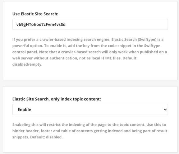 The Elastic Site Search settings on the HTML5 layout. There is Use Elastic Site Search where a key is entered and Elasict Site Search only index topic content, which can be enabled or disabled.