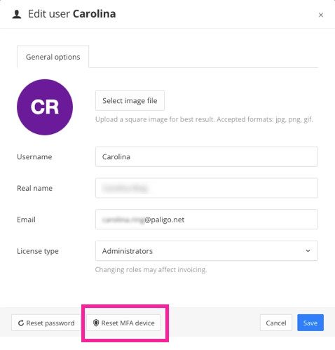 General options tab of user settings. There are details about the user and at the bottom there is a Reset MFA device button. That button is highlighted.