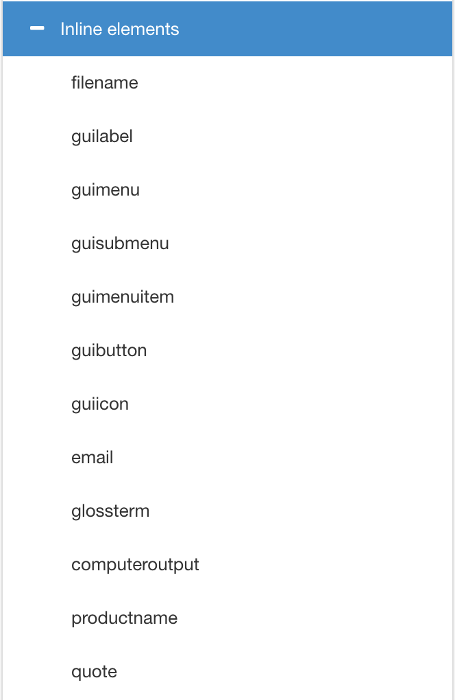 The hierarchy of inline element settings on a PDF layout. At the top is the parent Inline elements option. Inside that, there are options for filename, various gui elements, email, glossterm, computeroutput, productname and quote.