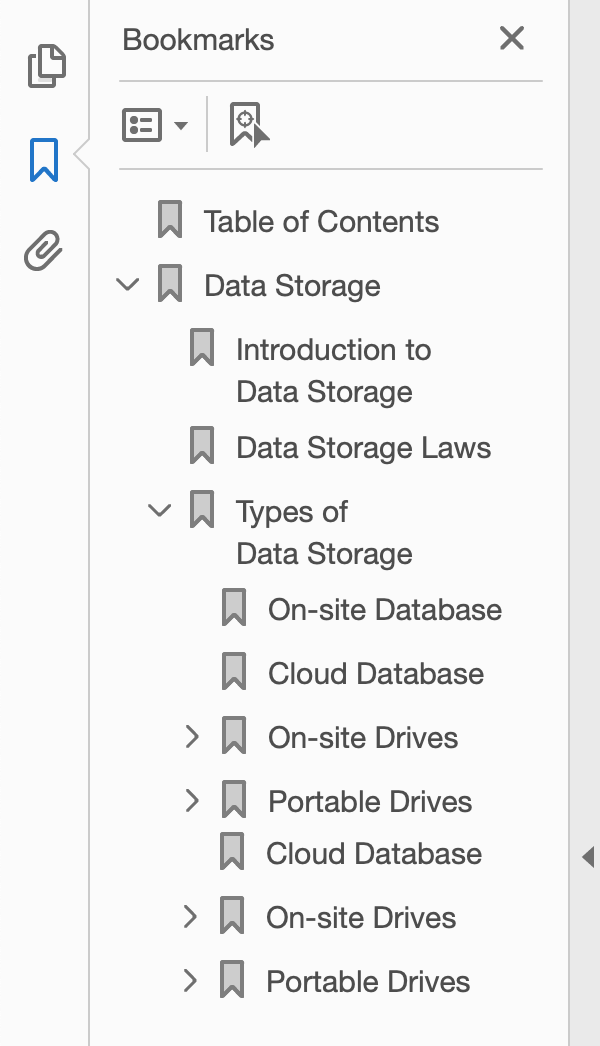 Bookmarks side panel from Adobe Acrobat Reader. It shows a hierarchy of sections and subsections, similar to a table of contents.