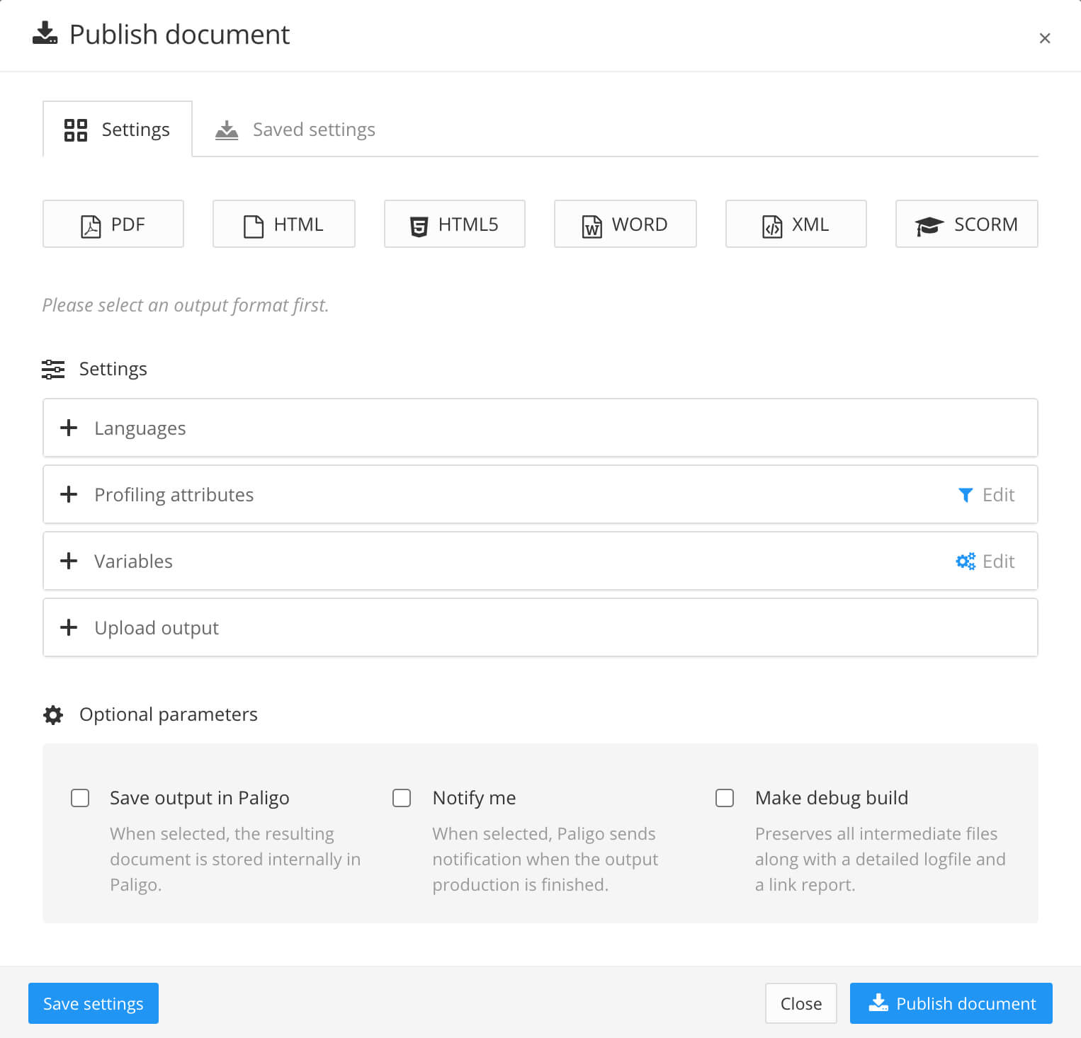 Publish document dialog. It has settings for defining the type of output, the language, filtering, variables, and uploading output to repositories.