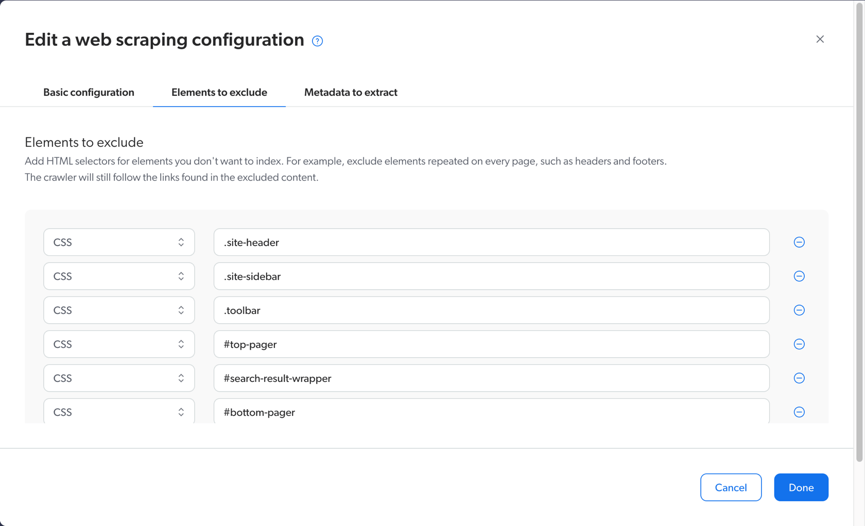 Edit a web scraping configuration page in Coveo. There is a column of dropdown fields on the left and they are all set to CSS. Next to each dropdown field is a field name and it contains the name of an element.