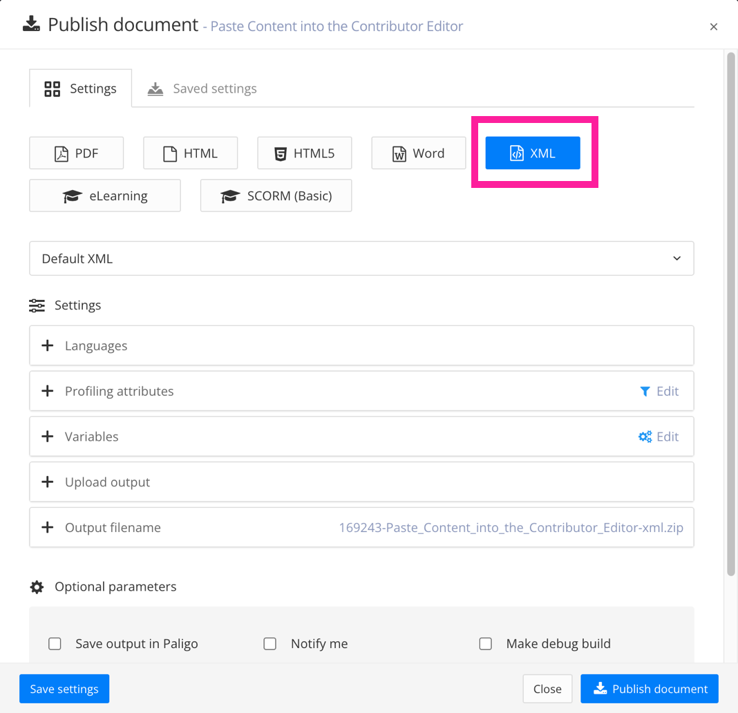 Publish document dialog. The XML output type is selected. A highlight box is around the XML option.