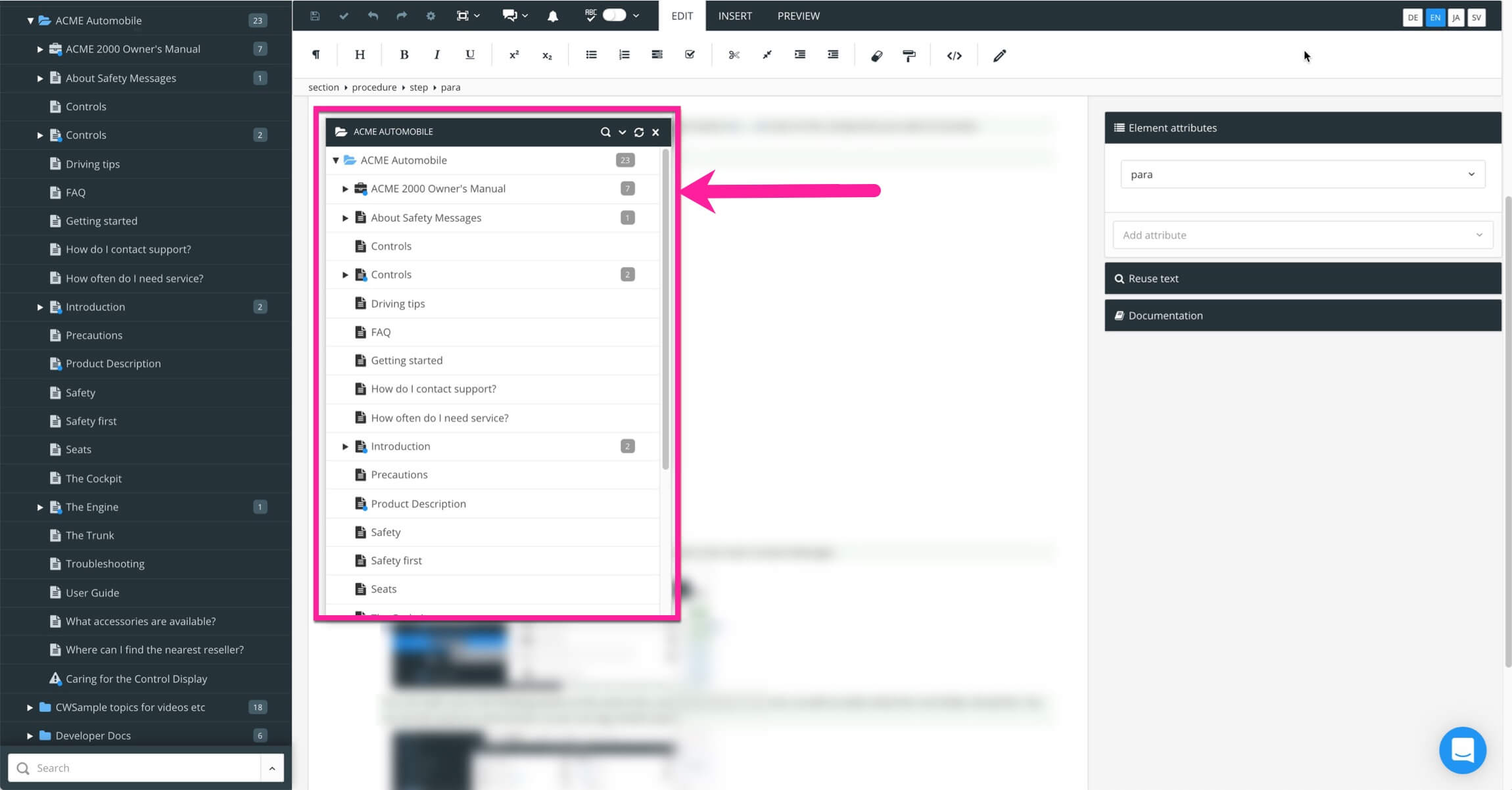 Floating content panel shows a folder and its contents in a separate panel that overlays the main editor UI.