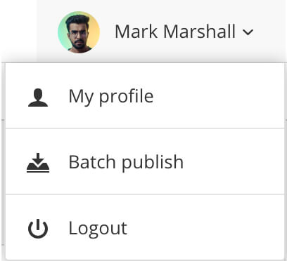 The top corner of the Paligo editor, showing a user's profile. It is selected, revealing a dropdown menu, and this menu contains a Batch Publish option as well as other options.
