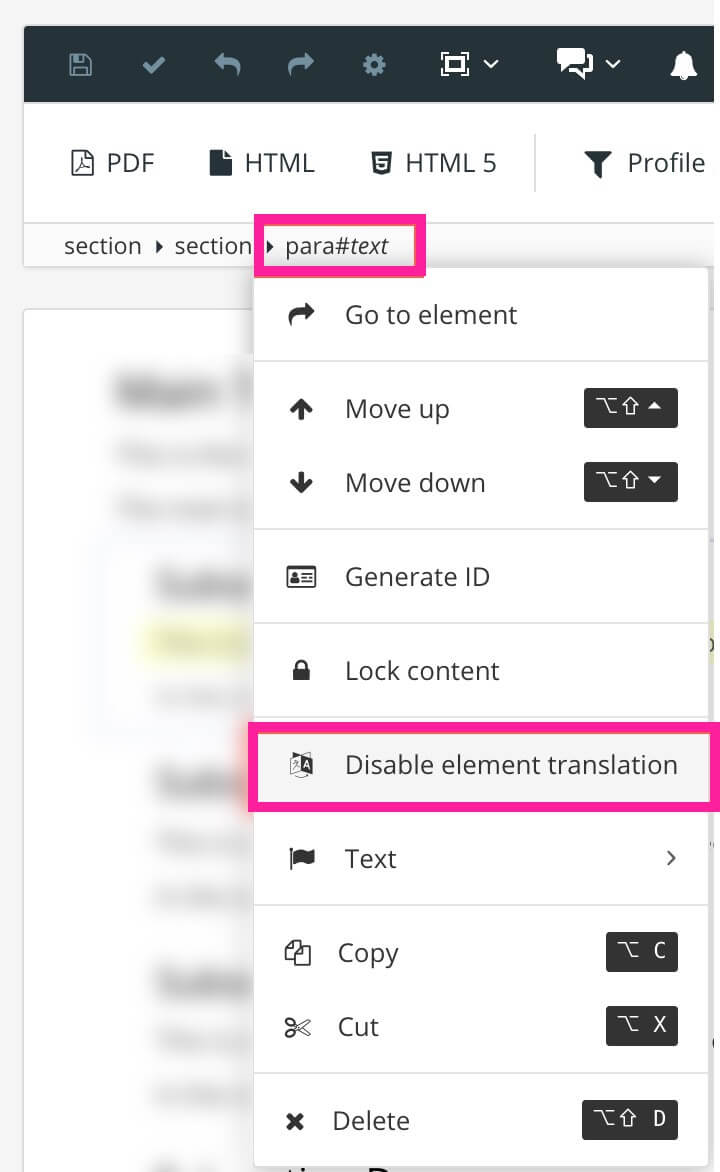 Para element is selected and shown in element structure menu. A menu from the para element is shown and it has the disable element translation option highlighted.