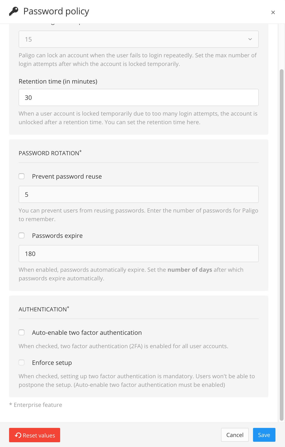 Password Policy dialog showing various settings, including the Authentication settings for two-factor authentication.