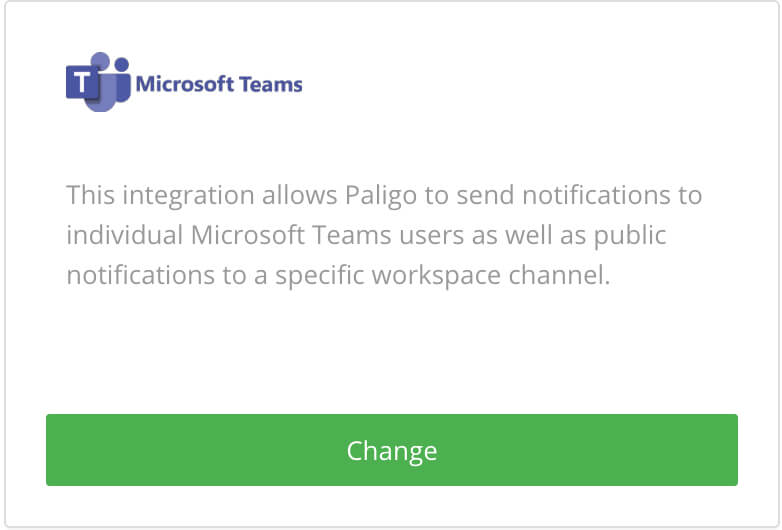 Microsoft Teams integration panel in Paligo's Integration settings. It has a Change button.