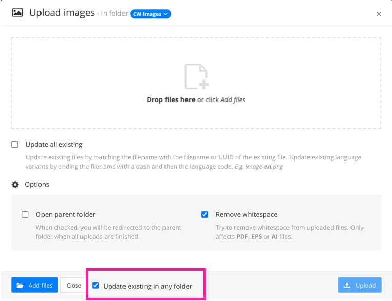 Upload images dialog. A callout box is positioned over the Update existing in any folder checkbox, which is at the bottom of the dialog.