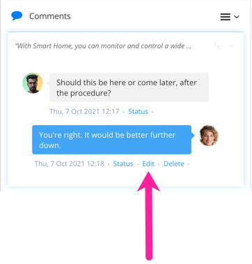 Comments section shows two comments. A callout arrow points at the Edit option below a comment.