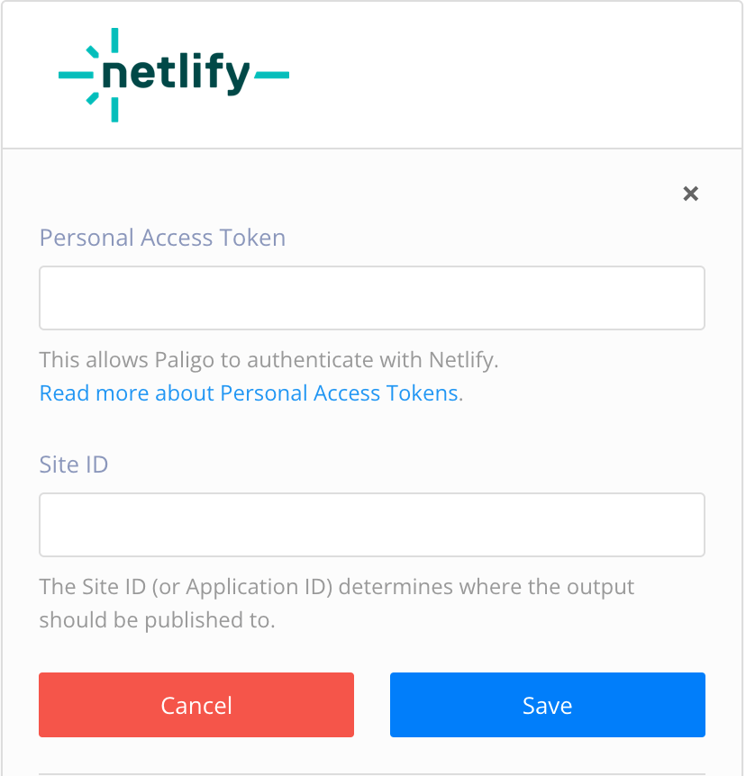 Netlify integration settings in Paligo. There is a Personal Access Token field and a Site ID field.