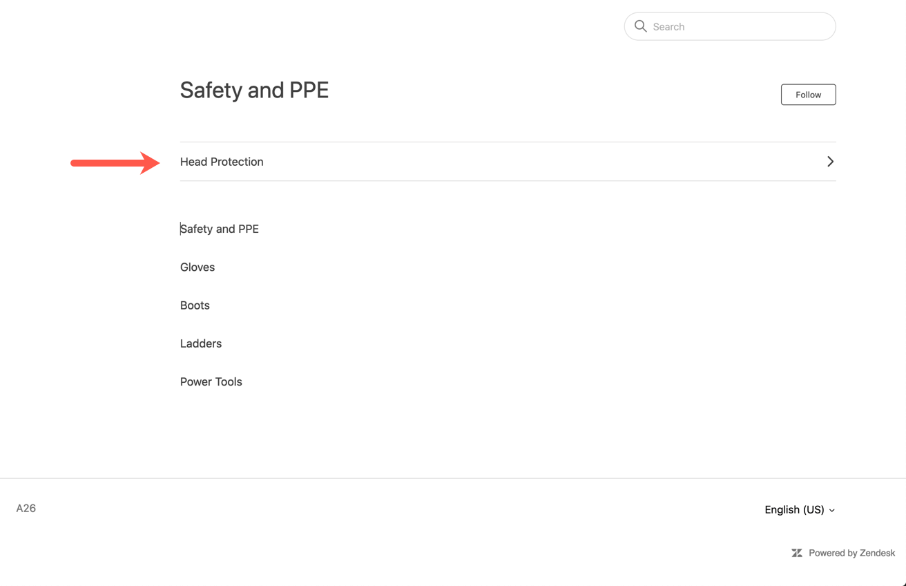 The content as it appears in Zendesk. The Head Protection section is shown in a separate section at the top, with a list of articles below it. The articles are called Safety and PPE, Gloves, Boots, Ladders, and Power Tools. In Paligo, the Head Protection topic is at the same level as these, not above them.