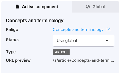 Active component tab shown for a topic. It has a link to the source content in Paligo, a status setting, a type, and a URL preview.