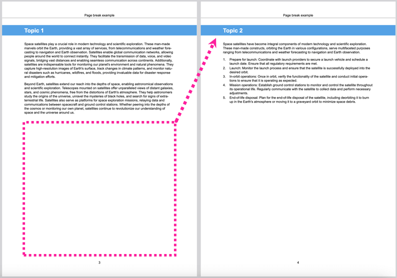 a 2 page spread in a PDF document. Topic 1 is rendered on the left page. There is enough space on the left page to fit Topic 2 as well, but the hard page break means Topic 2 starts on the right page instead.