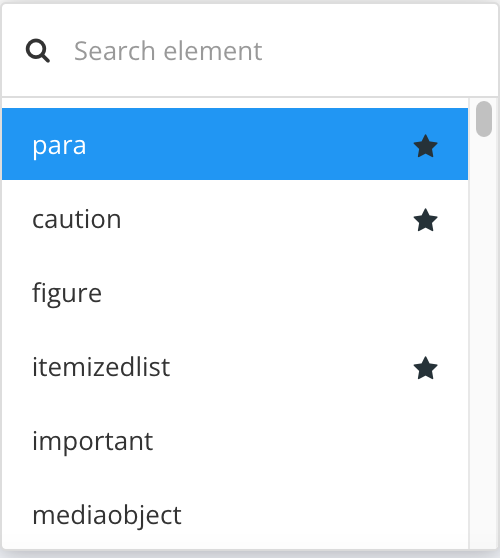 Element context menu has a list of valid elements at the position in the topic. There is a black star next to para, caution, and itemizedlist in the list. This shows they are selected as favorites.