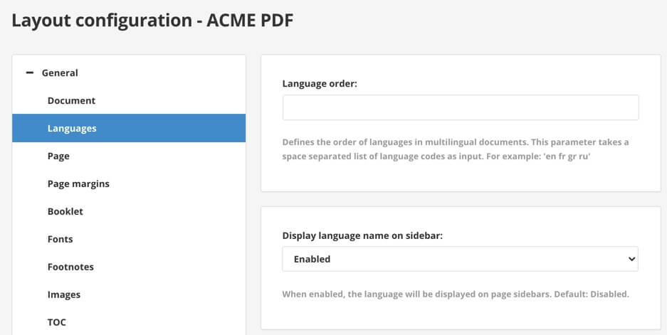 Layout configuration for a layout called ACME PDF.