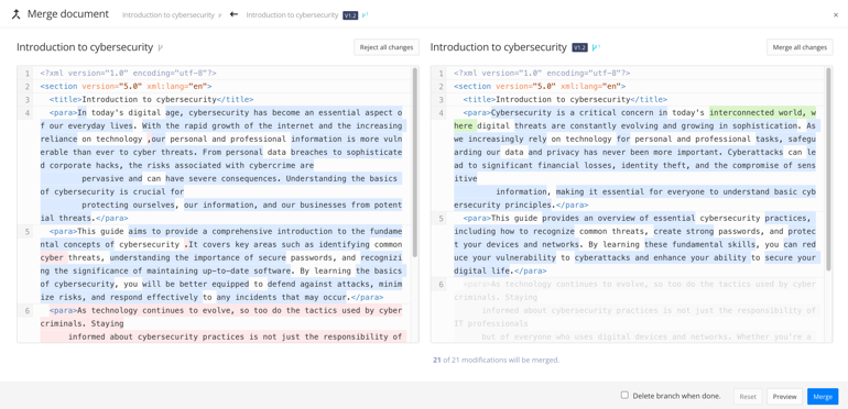 Merge document dialog. It shows a side-by-side comparison of the content in each branch. You can choose to merge individual differences or you can choose to merge them all.