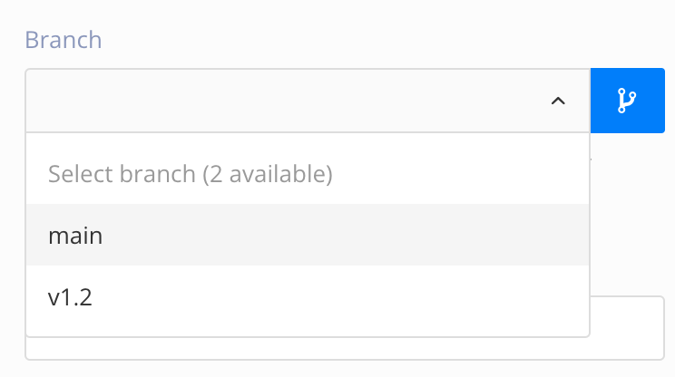 Branch options shown in dropdown list. There is an option for each branch that Paligo has detected. These branches are created for the project in Gitlab.