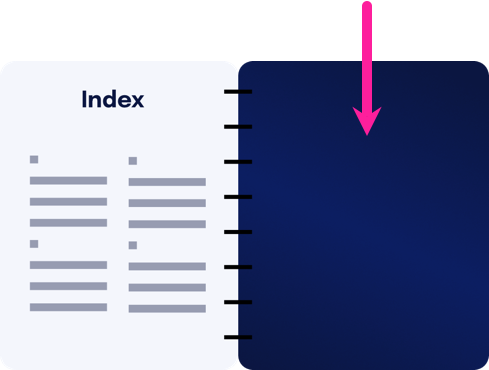 Illustration of a user guide. It is opened so that we can see the inside of the back cover on the left. On the right, we can see the Index page (representing the last page of the user guide's content).