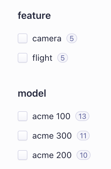 Facet preview in Algolia. There is a feature heading and below it, two evenly aligned checkboxes. One checkbox is labelled "camera" and the other is labelled "flight". There is also a model heading with checkboxes under it for different acme products.