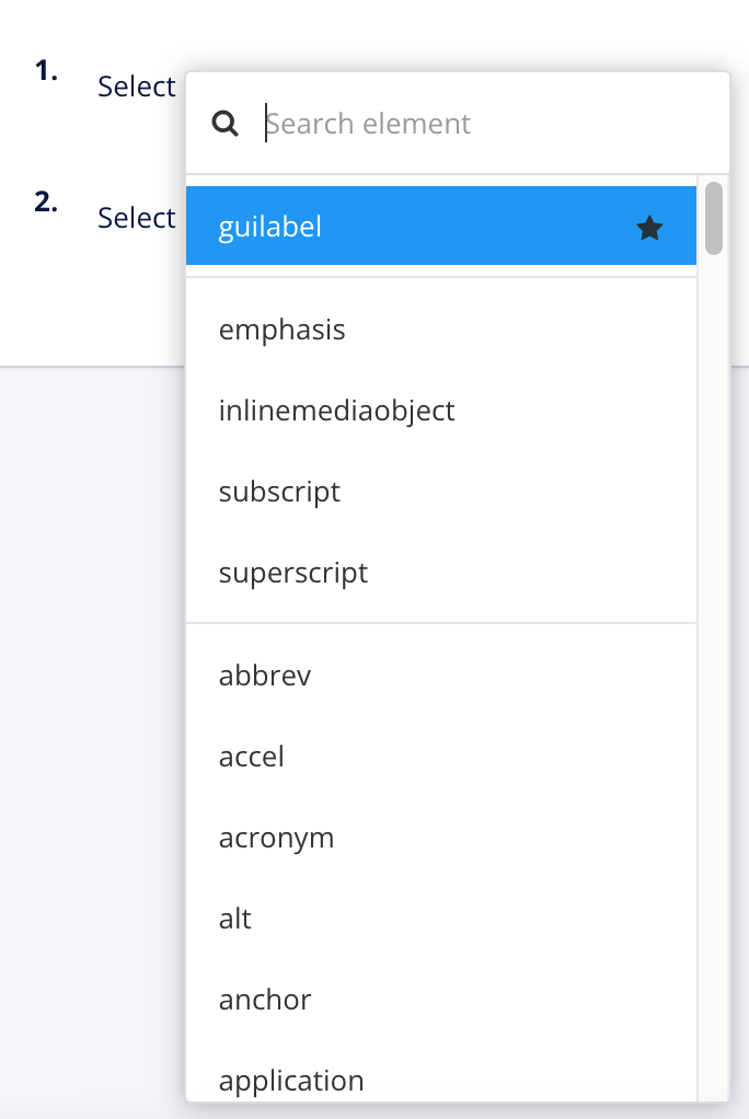 Element context menu. It has a favorites section at the top containing the guilabel element. Below that, there is a list of commonly used elements. Below that is a list of all the other elements that are valid at this position.