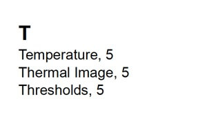 Index for letter T, showing Temperature with a page number, Thermal image with a page number, and Thresholds with a page number.