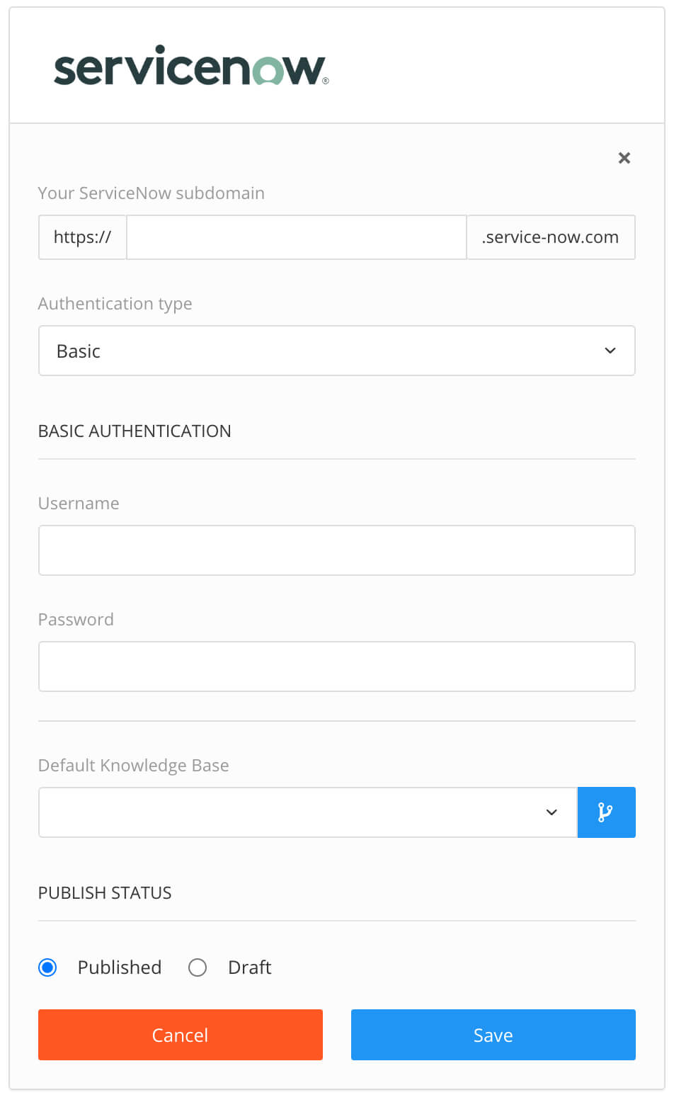 ServiceNow integration dialog with settings for URL, authentication type, username, password, default knowledgebase and publishing status.
