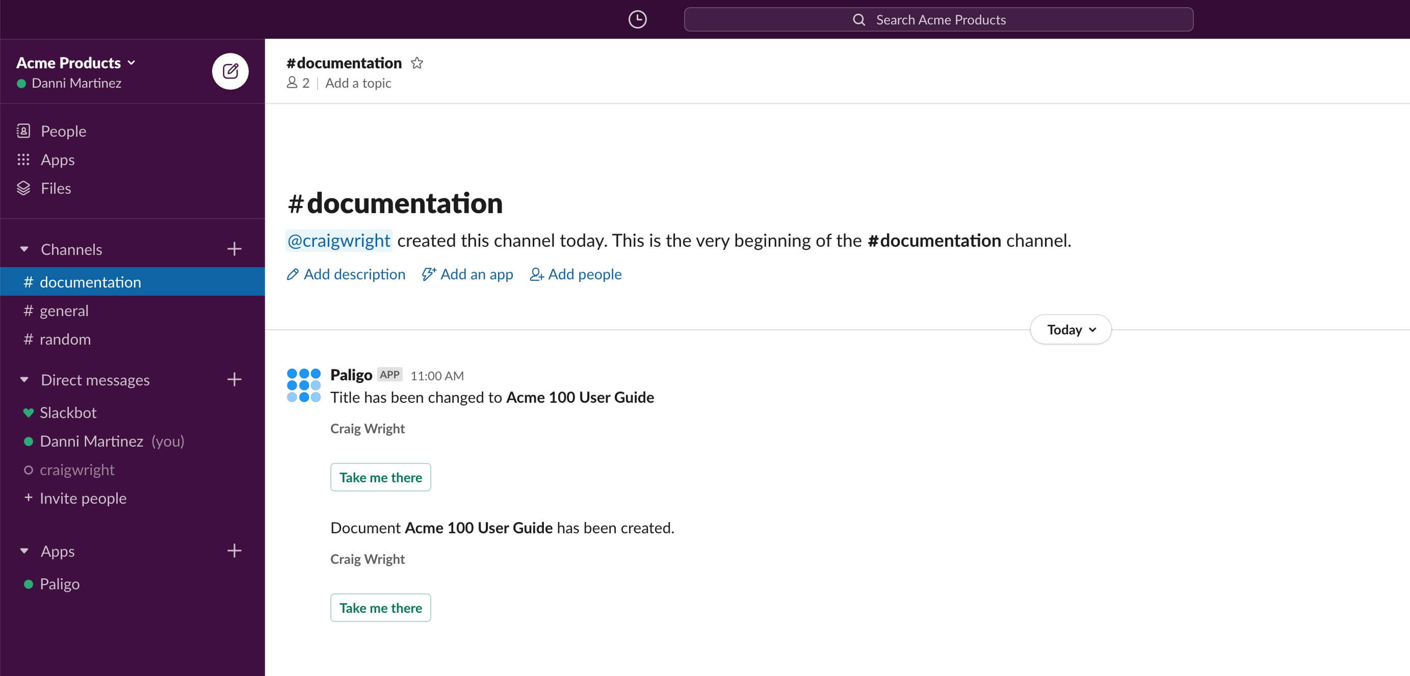 Slack showing an activity feed notification from Paligo. It is shown in a #documentation channel.