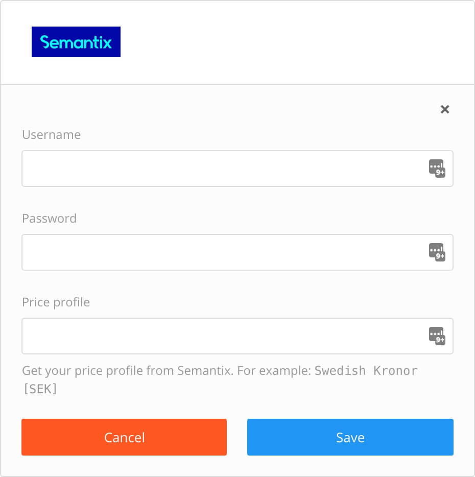 Semantix integration settings include username, password, and price profile.