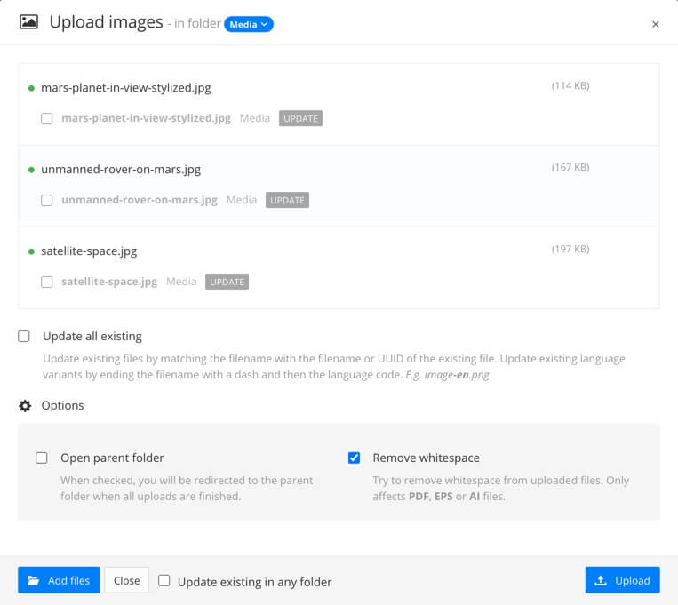 Upload images dialog. It lists two images that have filenames that match images already in the Paligo database. You can choose to update the existing images or add these new images in addition to the existing ones.