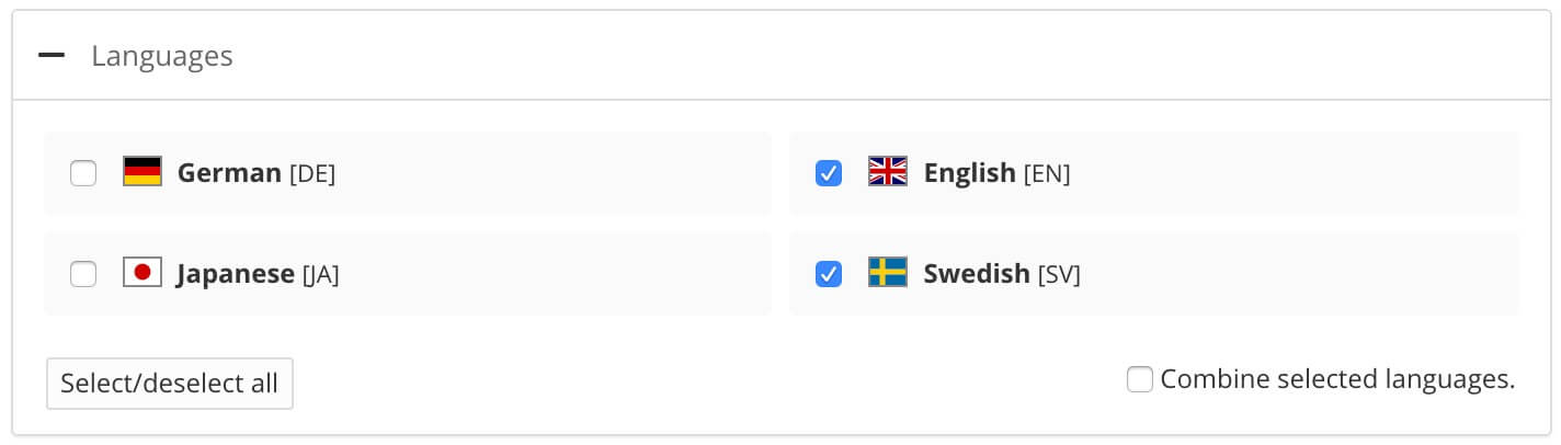 Languages section of Publish document dialog. There are options for each language. English UK and Swedish are selected.