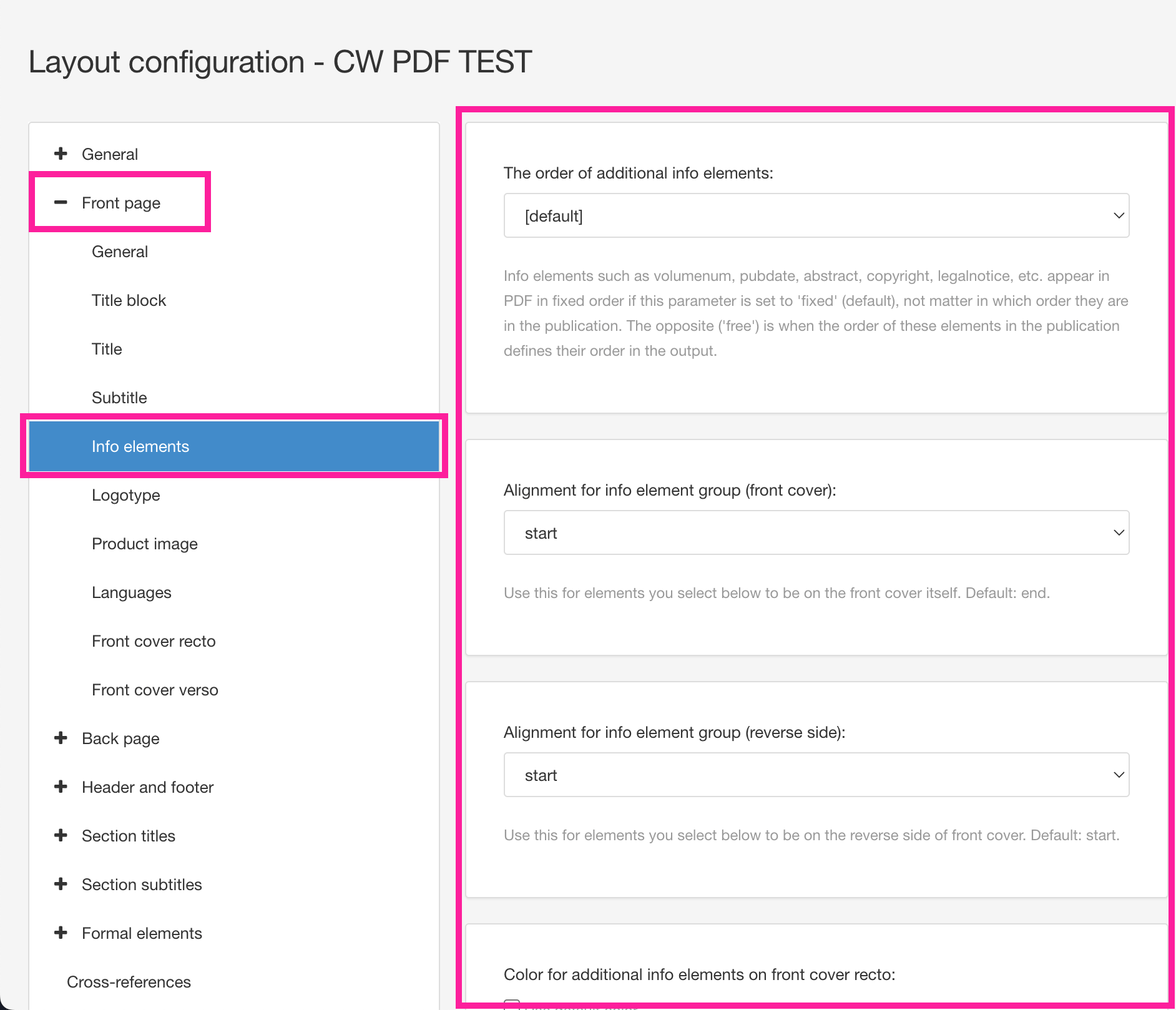 PDF layout editor. The Front Page settings are shown and the Info elements category is selected. There are various settings in the main panel, all relating to the info elements.