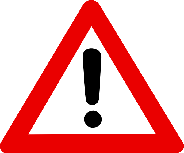 A warning icon. It is an exclamation mark in a triangle. The exclamation mark is black, the background of the triangle is white, and the border of the triangle is a thick red line.