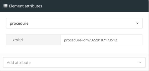 Element attributes section shows the procedure element is selected and it has an xml:id attribute with a value.