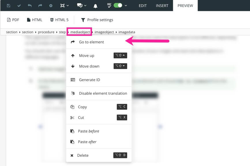 Paligo editor showing that the mediaobject element is selected in the element structure menu. This reveals a dropdown menu. A callout arrow points to the Go to element option on the dropdown menu.