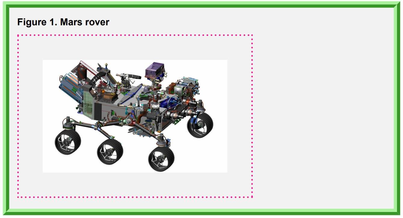 Image of a mars rover robot. It has been inserted as a figure, as it has a figure title. There is a green border around the entire figure space and a pink dotted border around the image inside that space.