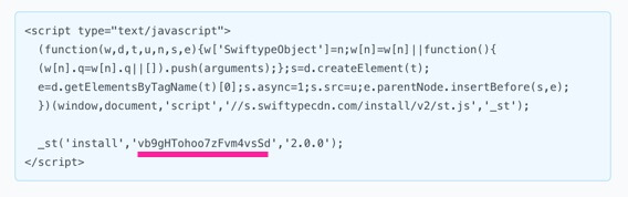 Image showing the script that Swiftype ask you to add to your web pages. The script contains a key which is shown towards the bottom of the script. It is underlined in the image to show the location of the key.